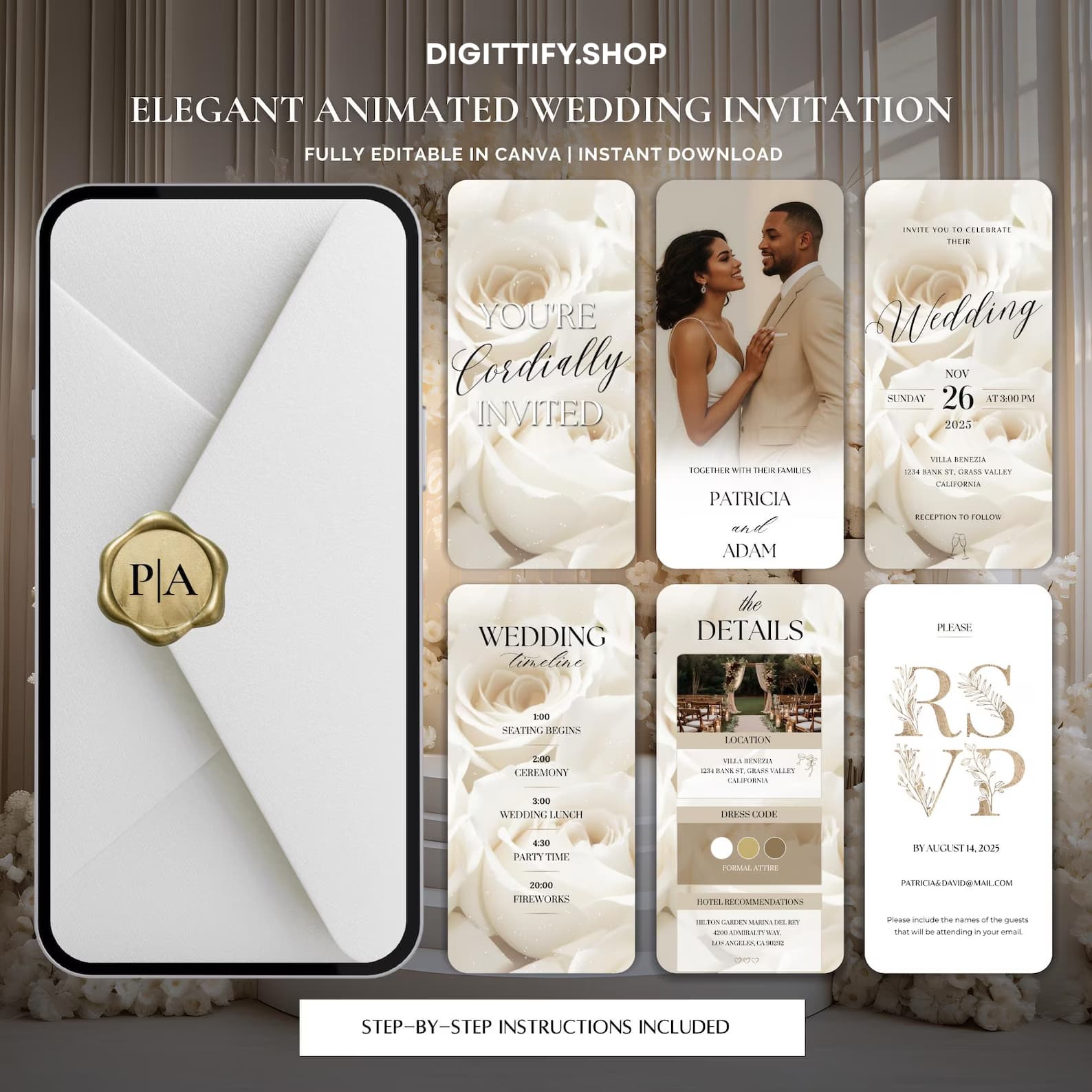 Elegant animated wedding invitation template suite — fully editable in Canva, instant download.