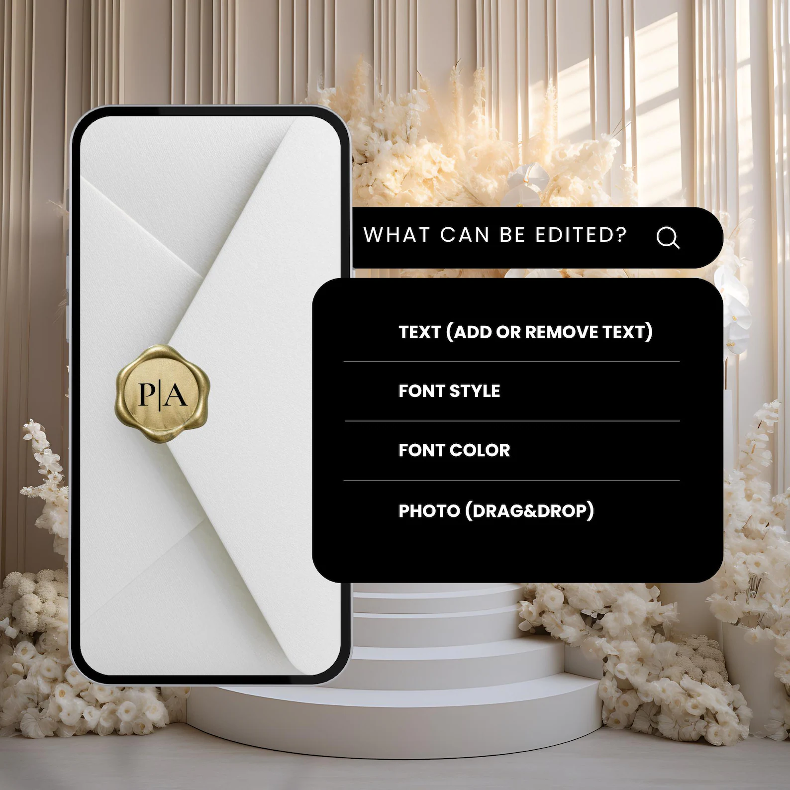 What you can edit in your animated wedding invitation template — text, fonts, colors, and photos, all customizable in Canva.